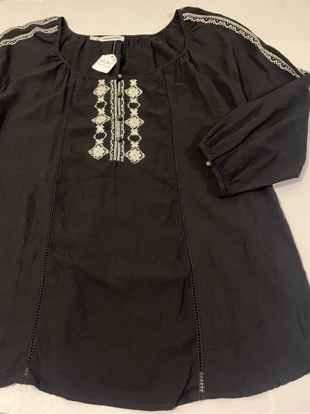 Maurices Black Peasant Blouse with White Embroidery